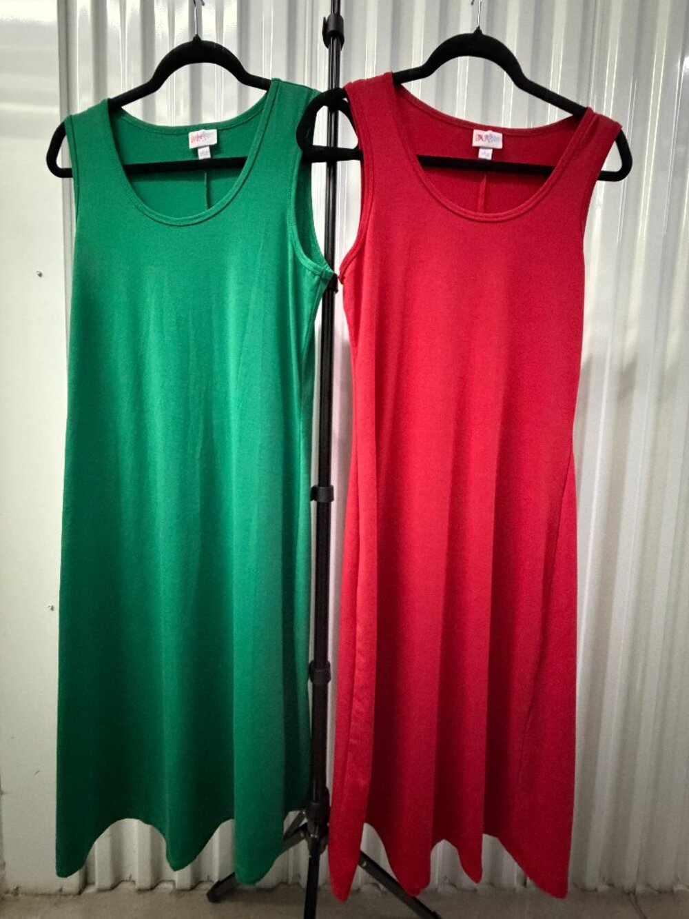 LuLaRoe Lot of 2 Dani Tank Maxi Dresses Size L Red & Green Sleeveless 0077